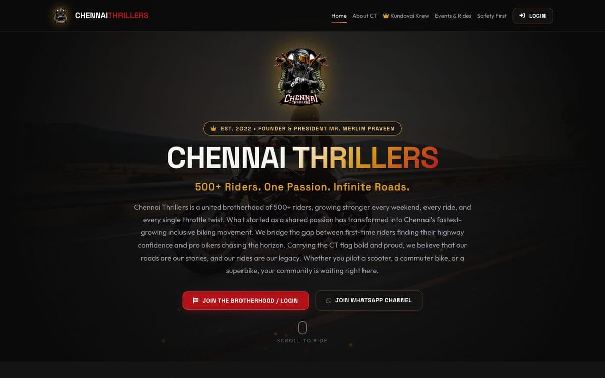 Chennai Thrillers home page: 500+ riders, one passion, infinite roads.
