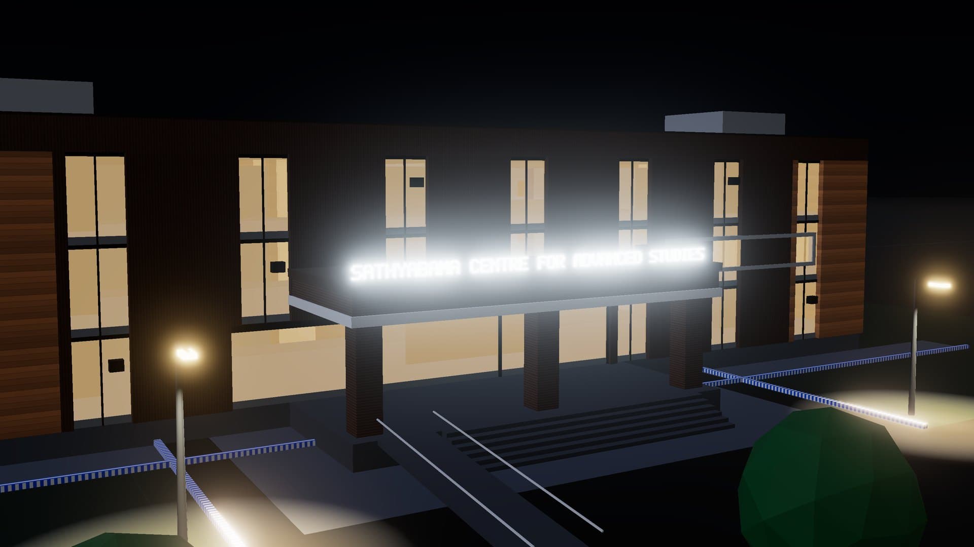 The Sathyabama Centre for Advanced Studies entrance at dusk in BB Digital Twin: lit windows, the illuminated signage over the portico, and streetlights along the approach.
