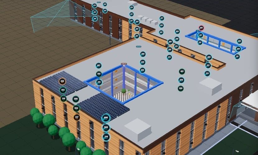 BB Digital Twin from above: the SCAS building in 3D with room badges, solar panels and a glass courtyard.